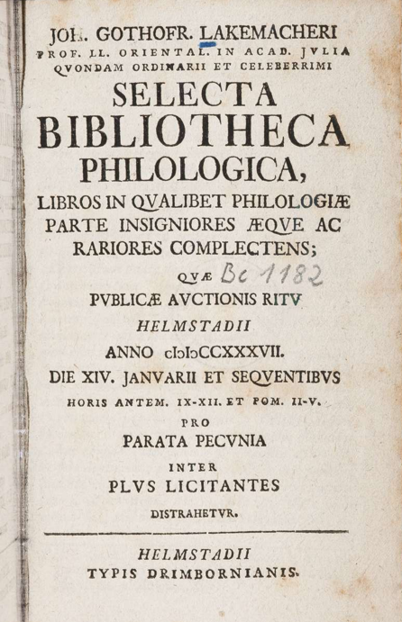 Titelblatt des Auktionskatalogs zur Bibliothek Lakemachers (1736/37)